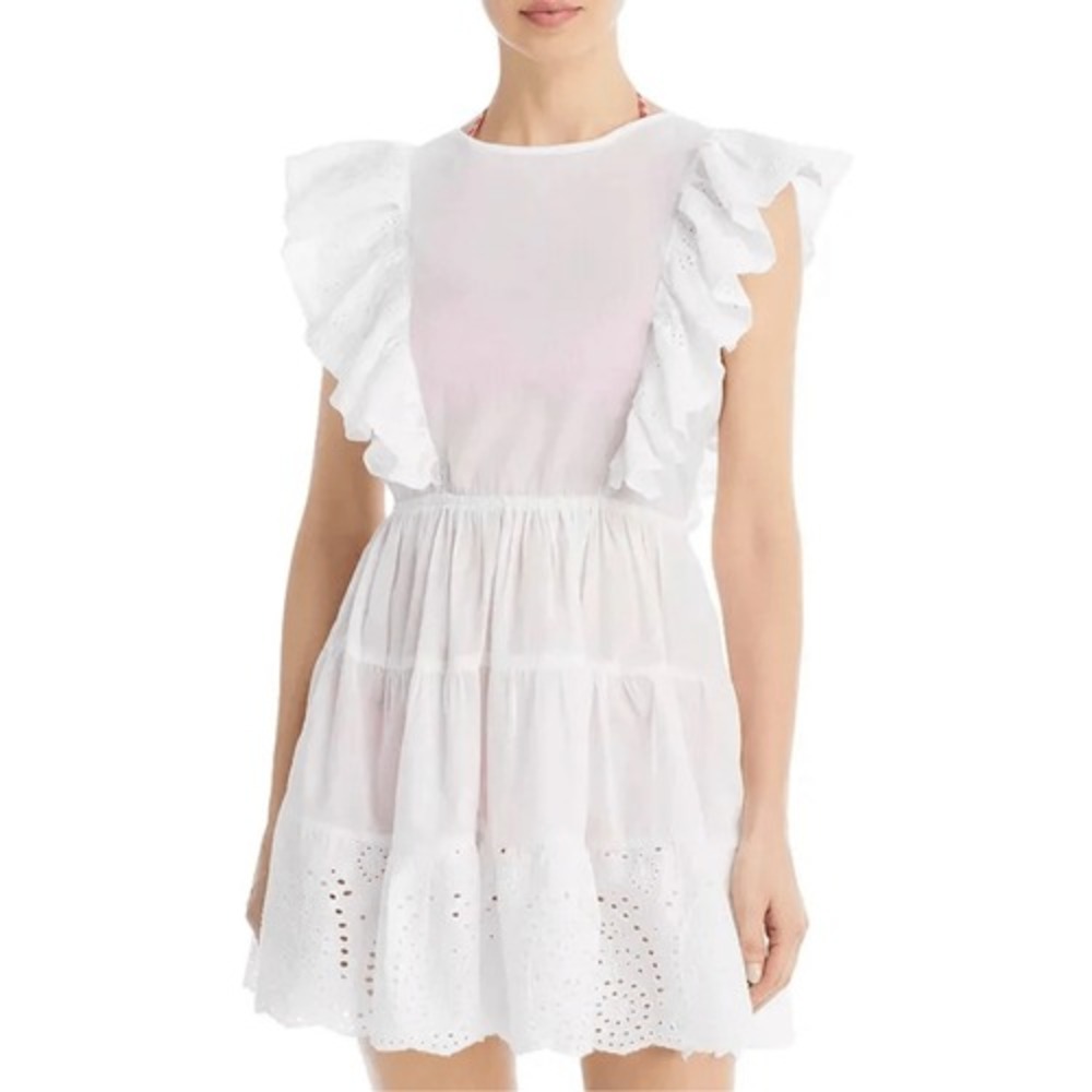 AQUA Swim White Eyelet Ruffle Tiered Cover Up Dress Bloomingdales Size M NEW